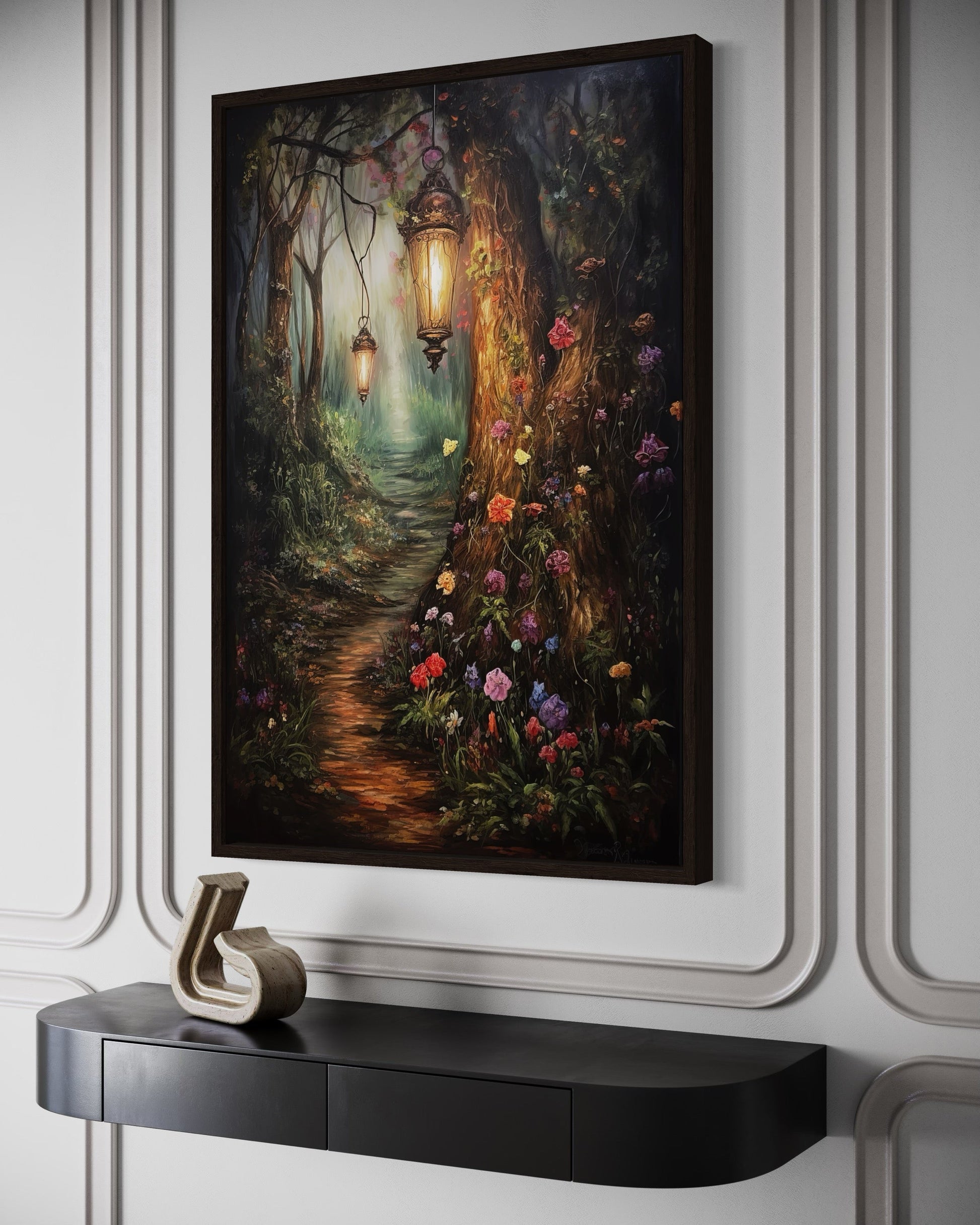 Enchanted Mystical Forest And Lighted Path Framed Canvas Wall Art