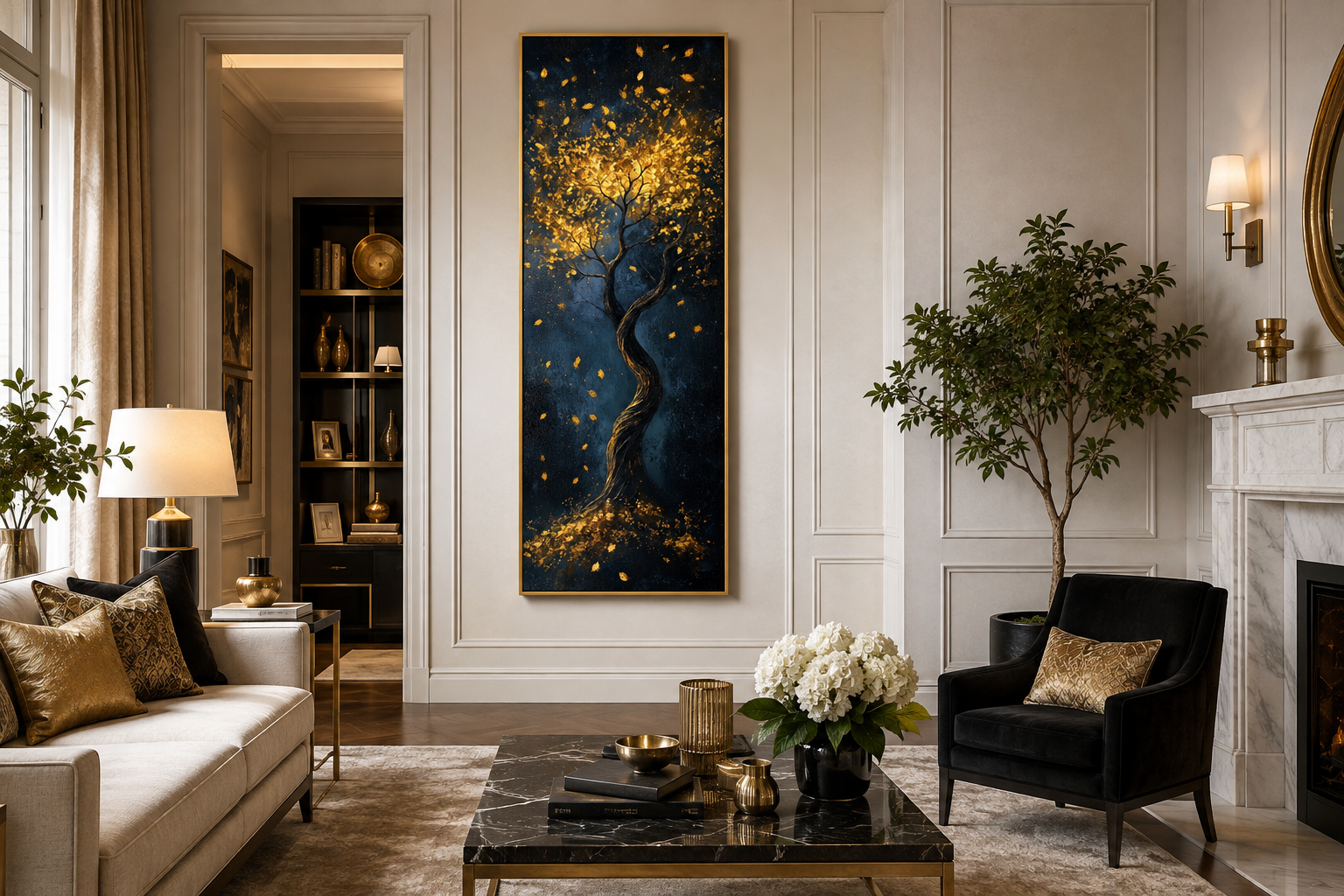 Enchanted Golden Tree On Navy Background Vertical Narrow Wall Art