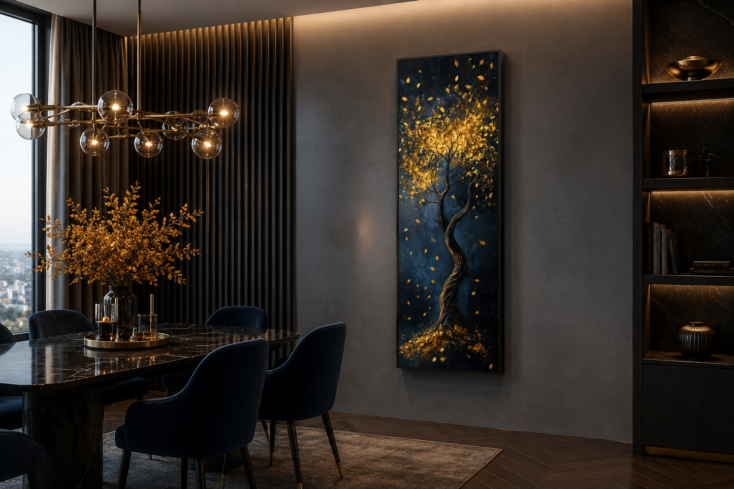Enchanted Golden Tree On Navy Background Vertical Narrow Wall Art