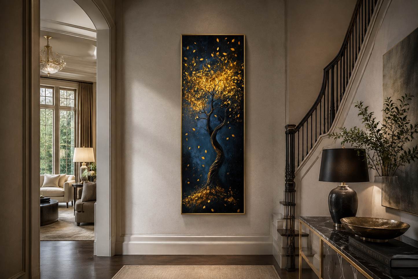 Enchanted Golden Tree On Navy Background Vertical Narrow Wall Art