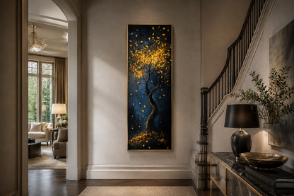 Enchanted Golden Tree On Navy Background Vertical Narrow Wall Art