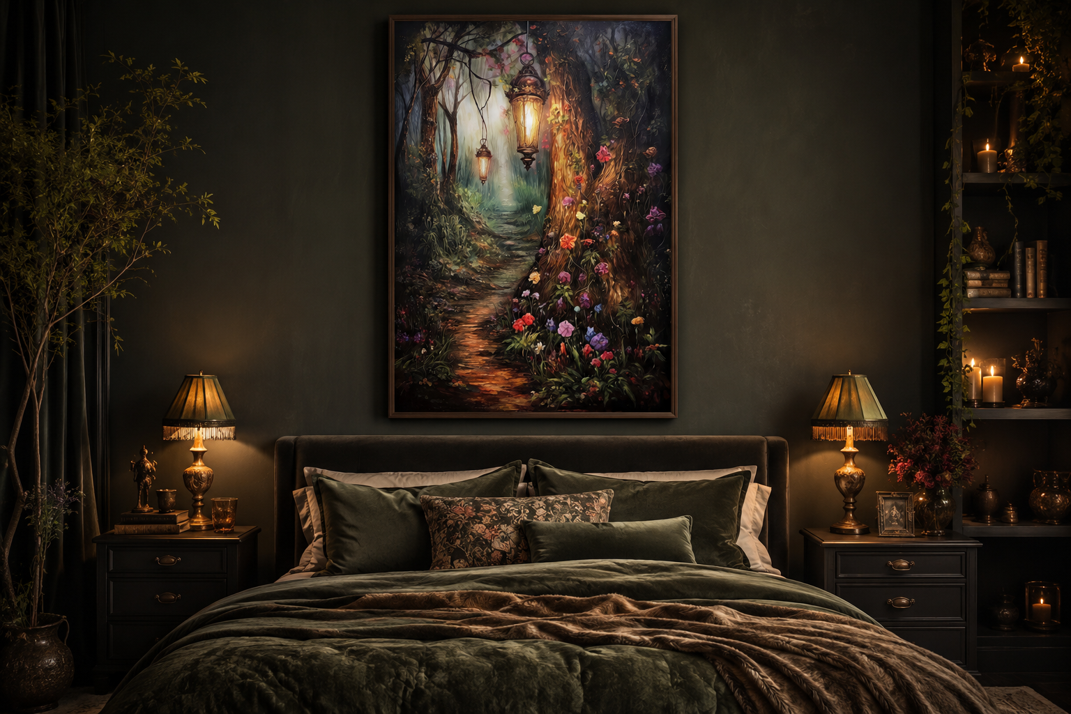 Enchanted Mystical Forest And Lighted Path Framed Canvas Wall Art