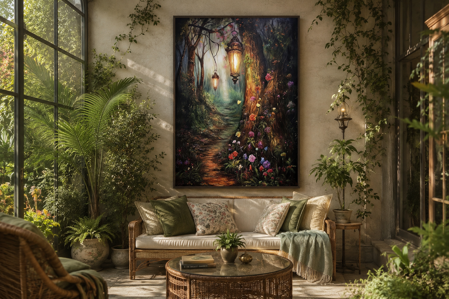 Enchanted Mystical Forest And Lighted Path Framed Canvas Wall Art
