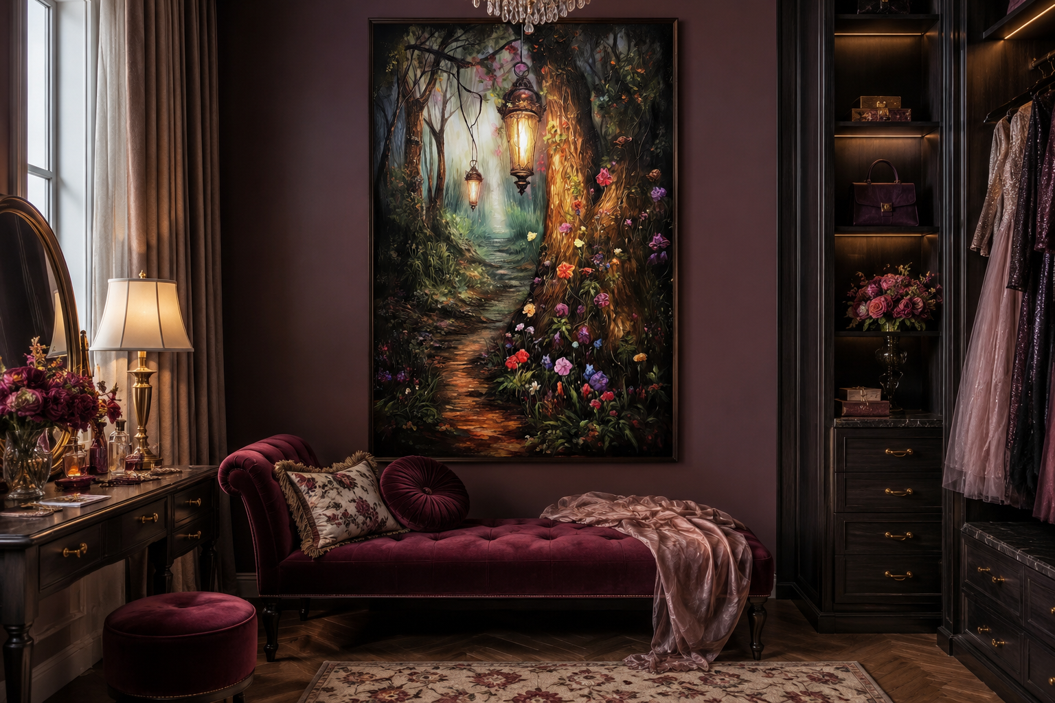 Enchanted Mystical Forest And Lighted Path Framed Canvas Wall Art