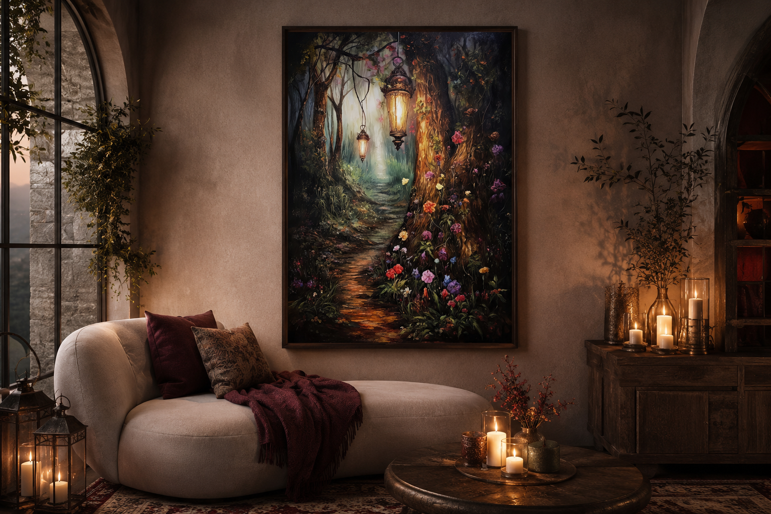 Enchanted Mystical Forest And Lighted Path Framed Canvas Wall Art