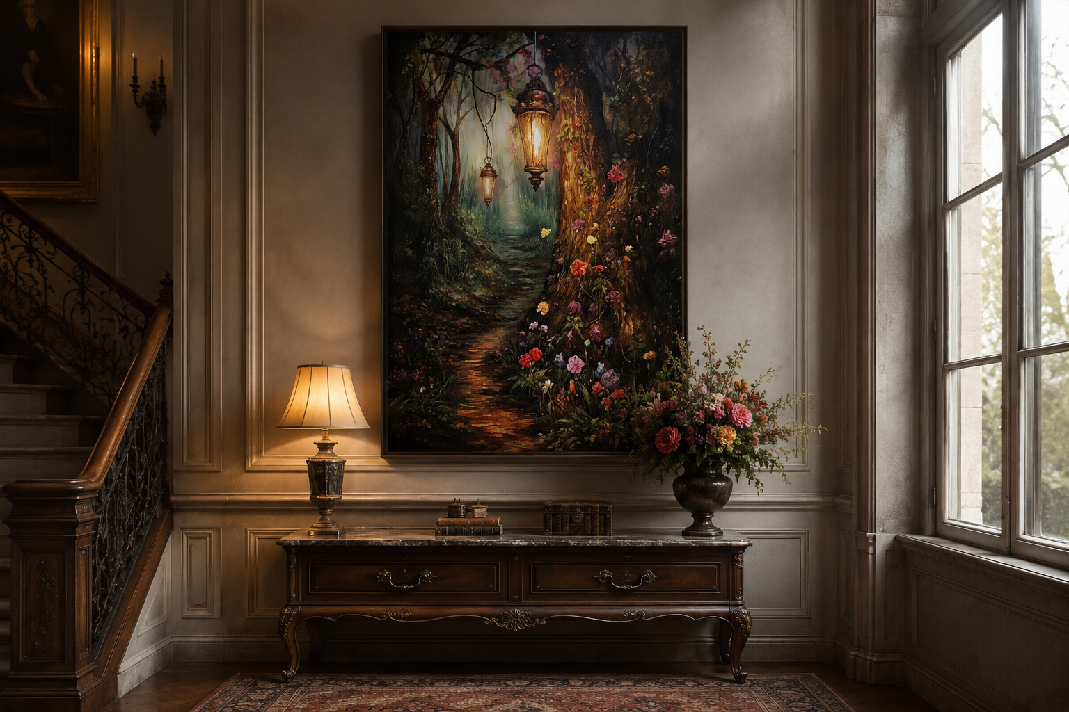 Enchanted Mystical Forest And Lighted Path Framed Canvas Wall Art
