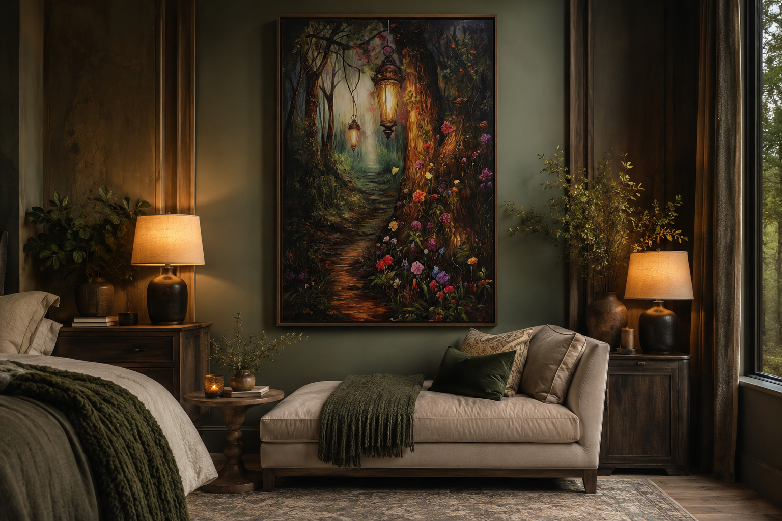 Enchanted Mystical Forest And Lighted Path Framed Canvas Wall Art