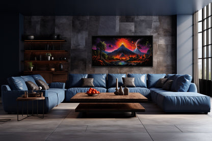 Erupting Volcano On Alien Plant Sci Fi Framed Canvas Wall Art