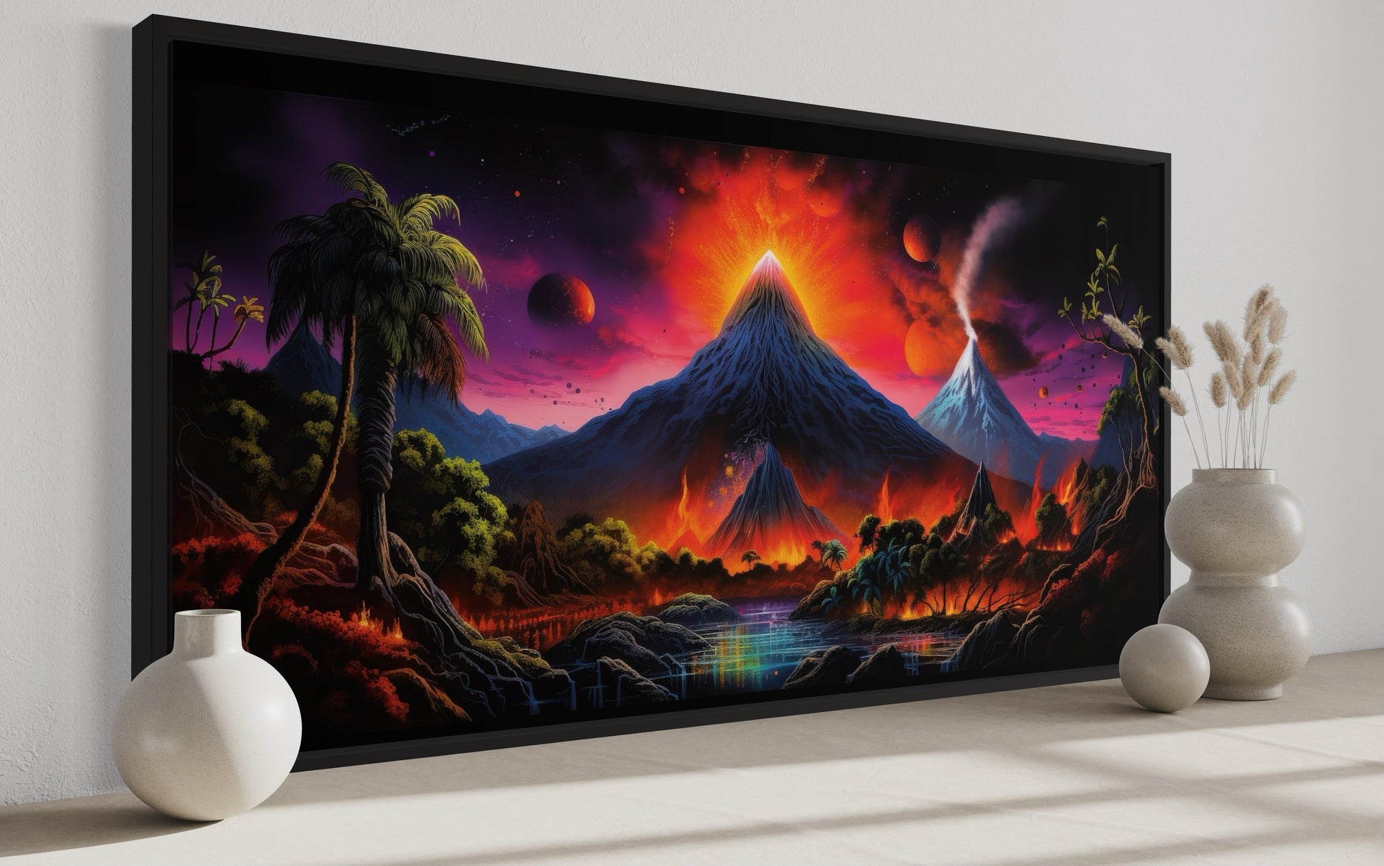 Erupting Volcano On Alien Plant Sci Fi Framed Canvas Wall Art