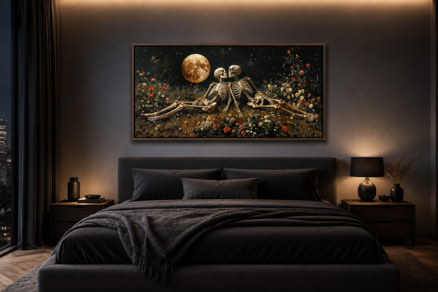 Romantic Gothic Wall Art – Eternal Love Skeletons Floral Gothic Decor for Couples Bedroom
