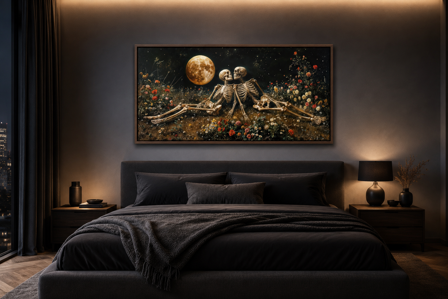 Romantic Gothic Wall Art – Eternal Love Skeletons Floral Gothic Decor for Couples Bedroom