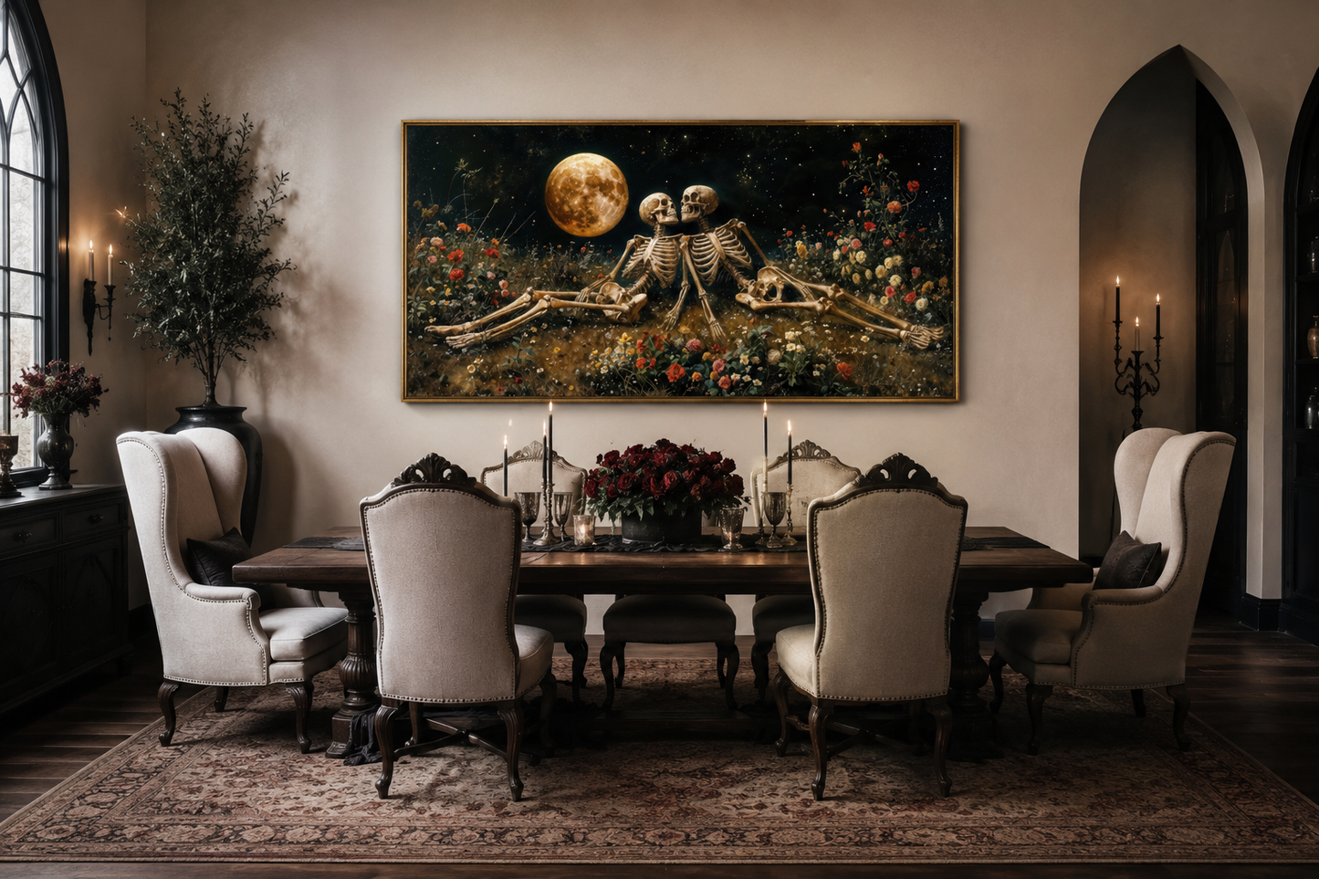 Romantic Gothic Wall Art – Eternal Love Skeletons Floral Gothic Decor for Couples Bedroom