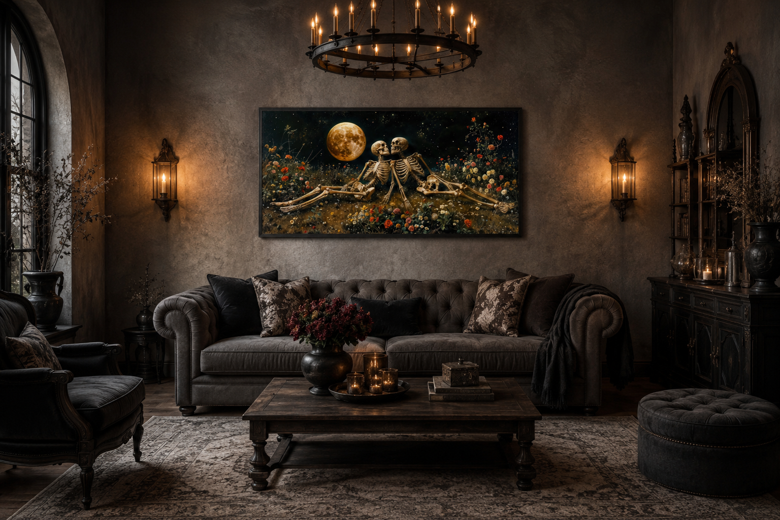 Romantic Gothic Wall Art – Eternal Love Skeletons Floral Gothic Decor for Couples Bedroom