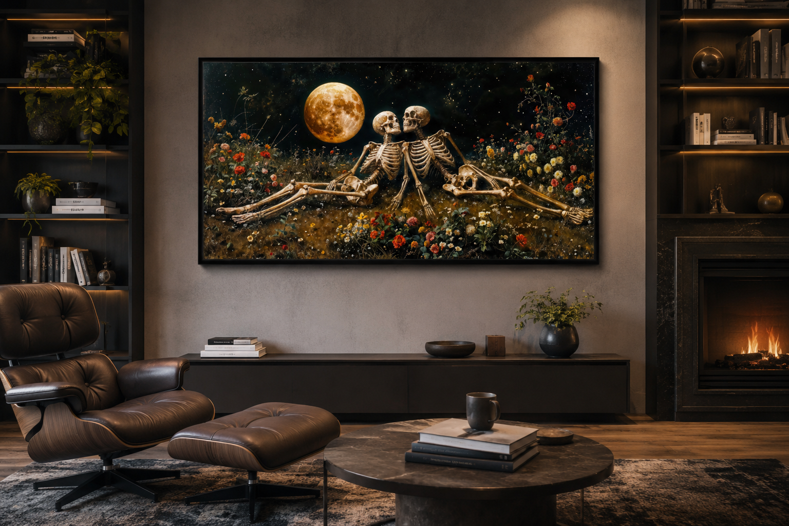 Romantic Gothic Wall Art – Eternal Love Skeletons Floral Gothic Decor for Couples Bedroom