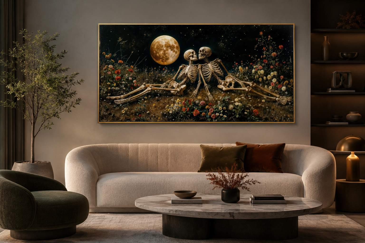Romantic Gothic Wall Art – Eternal Love Skeletons Floral Gothic Decor for Couples Bedroom