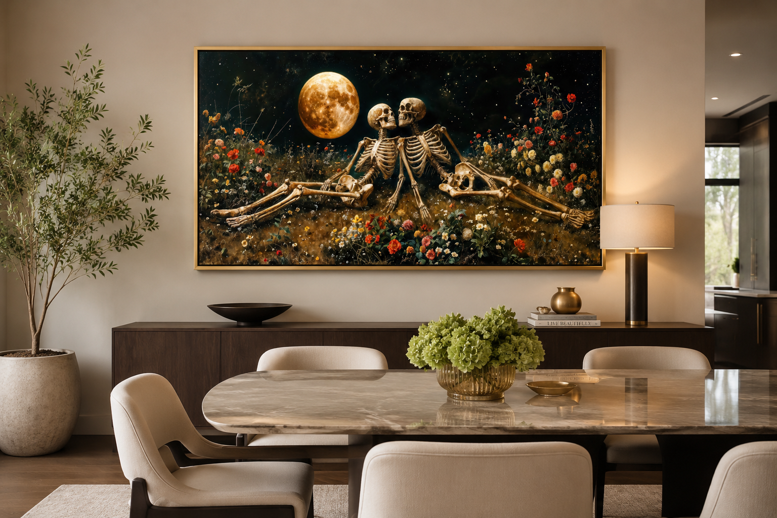 Romantic Gothic Wall Art – Eternal Love Skeletons Floral Gothic Decor for Couples Bedroom