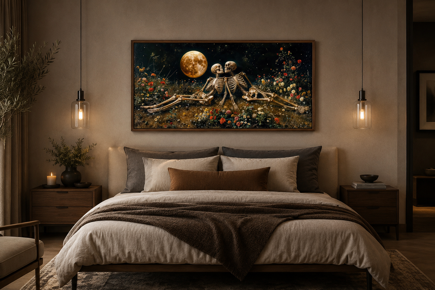 Romantic Gothic Wall Art – Eternal Love Skeletons Floral Gothic Decor for Couples Bedroom