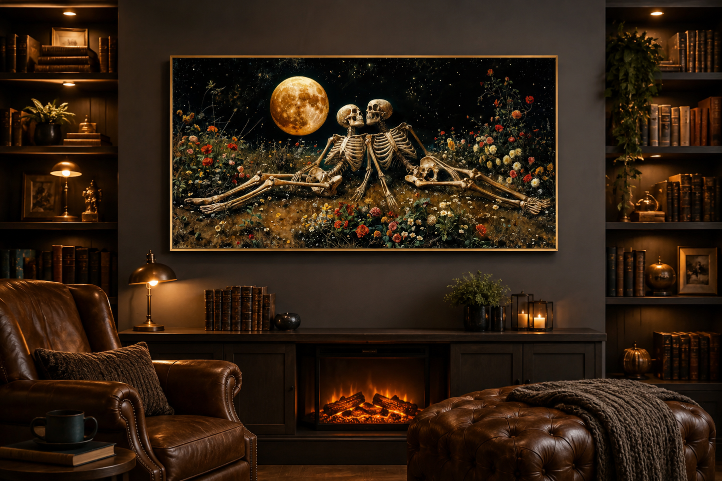 Romantic Gothic Wall Art – Eternal Love Skeletons Floral Gothic Decor for Couples Bedroom