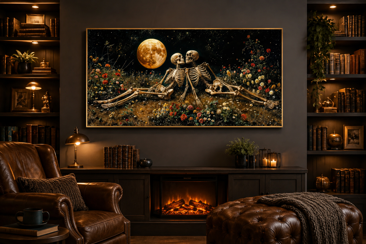 Romantic Gothic Wall Art – Eternal Love Skeletons Floral Gothic Decor for Couples Bedroom