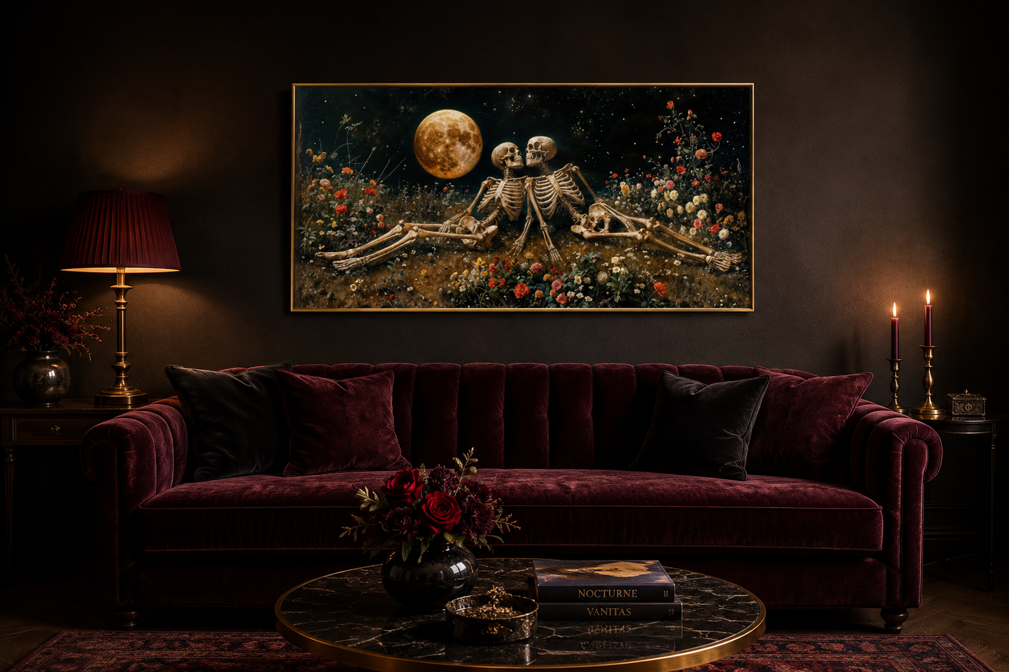 Romantic Gothic Wall Art – Eternal Love Skeletons Floral Gothic Decor for Couples Bedroom