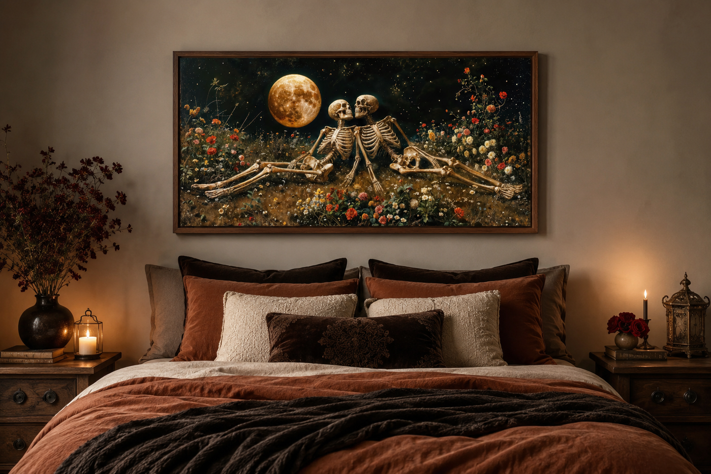 Romantic Gothic Wall Art – Eternal Love Skeletons Floral Gothic Decor for Couples Bedroom