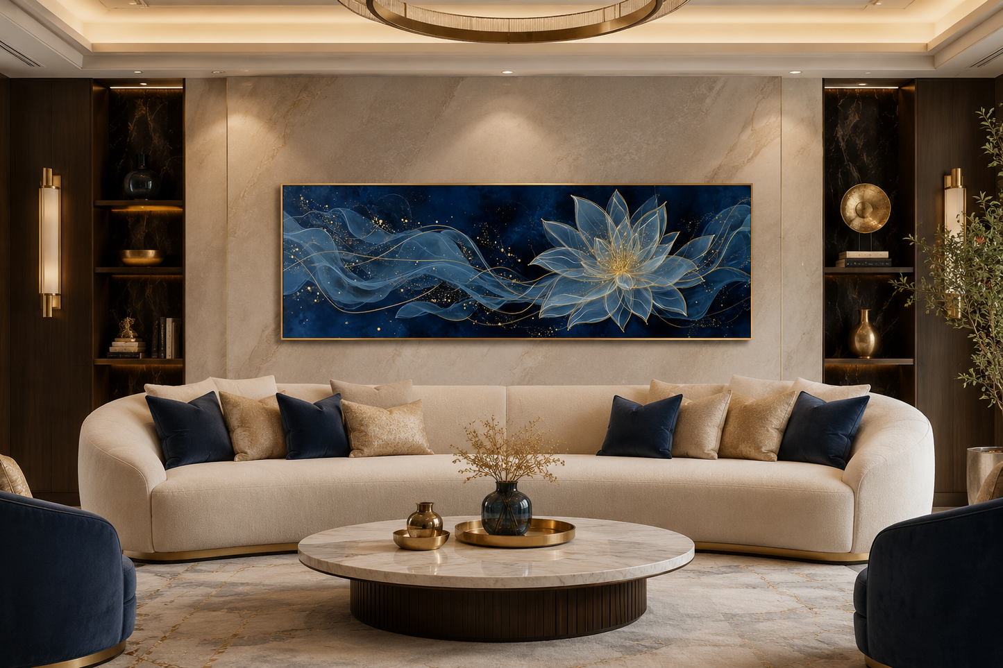Navy Blue Gold Over Above Bed Minimalist Lotus Flower Canvas Wall Art
