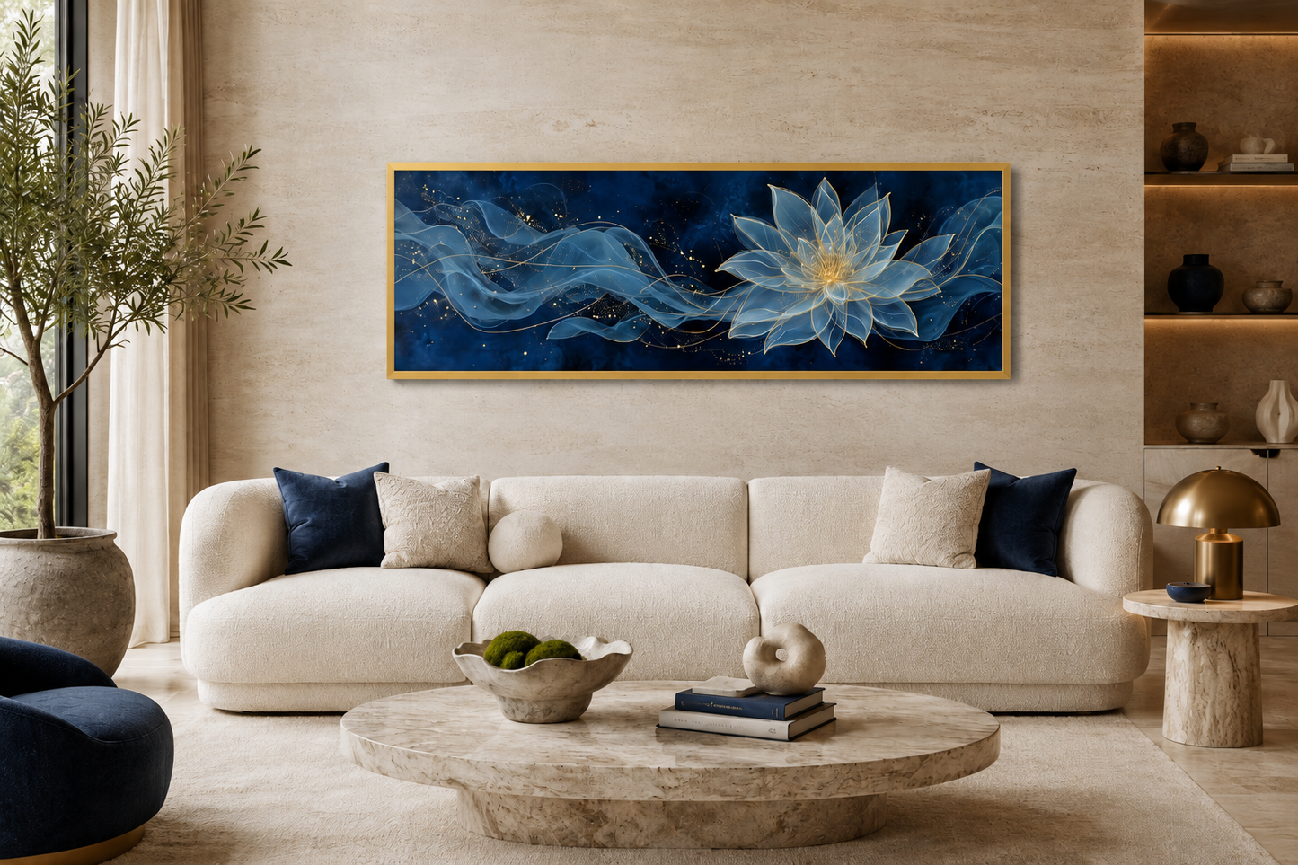 Navy Blue Gold Over Above Bed Minimalist Lotus Flower Canvas Wall Art