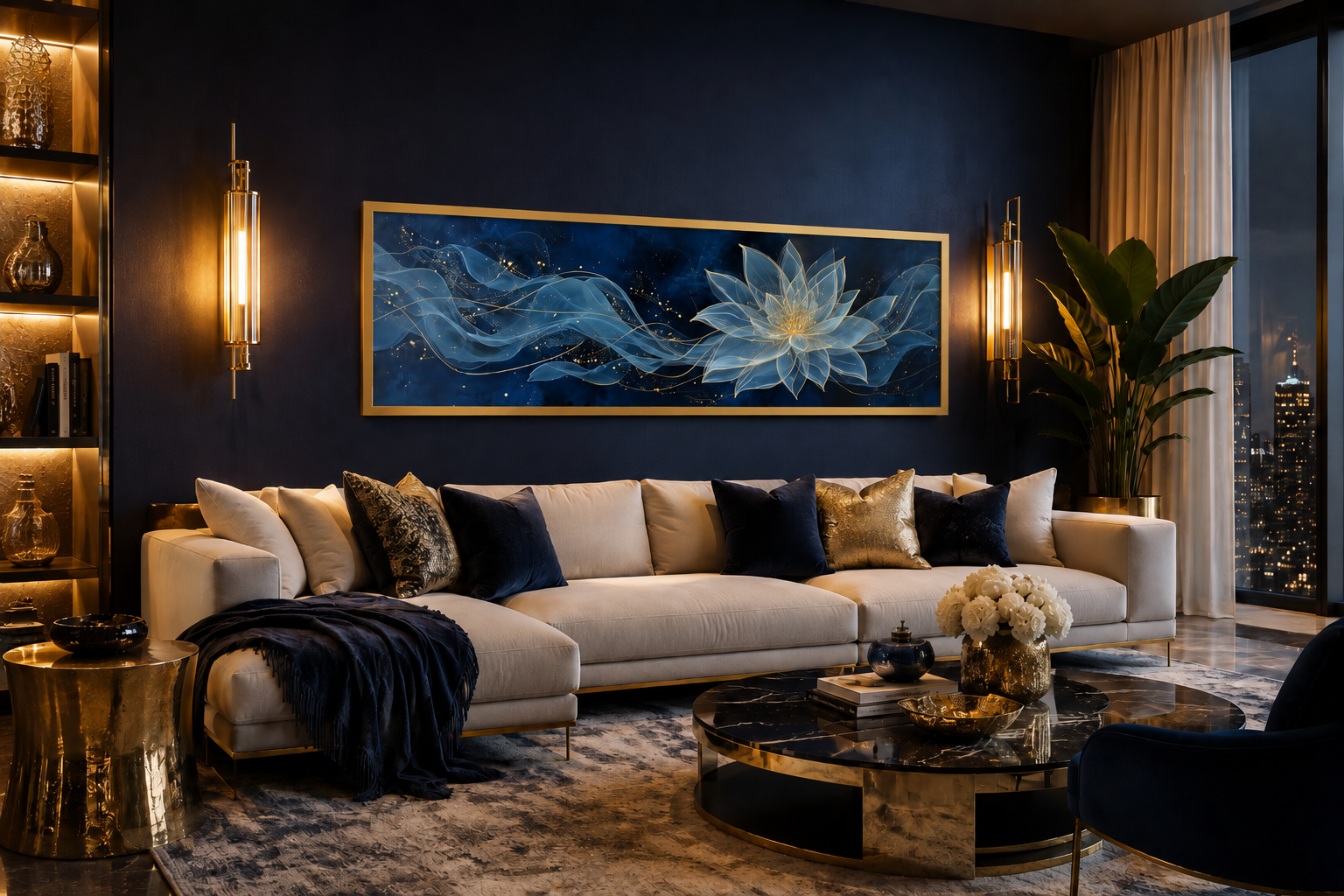 Navy Blue Gold Over Above Bed Minimalist Lotus Flower Canvas Wall Art