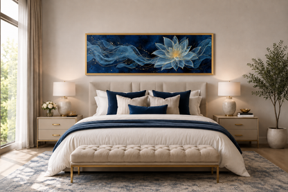Navy Blue Gold Over Above Bed Minimalist Lotus Flower Canvas Wall Art