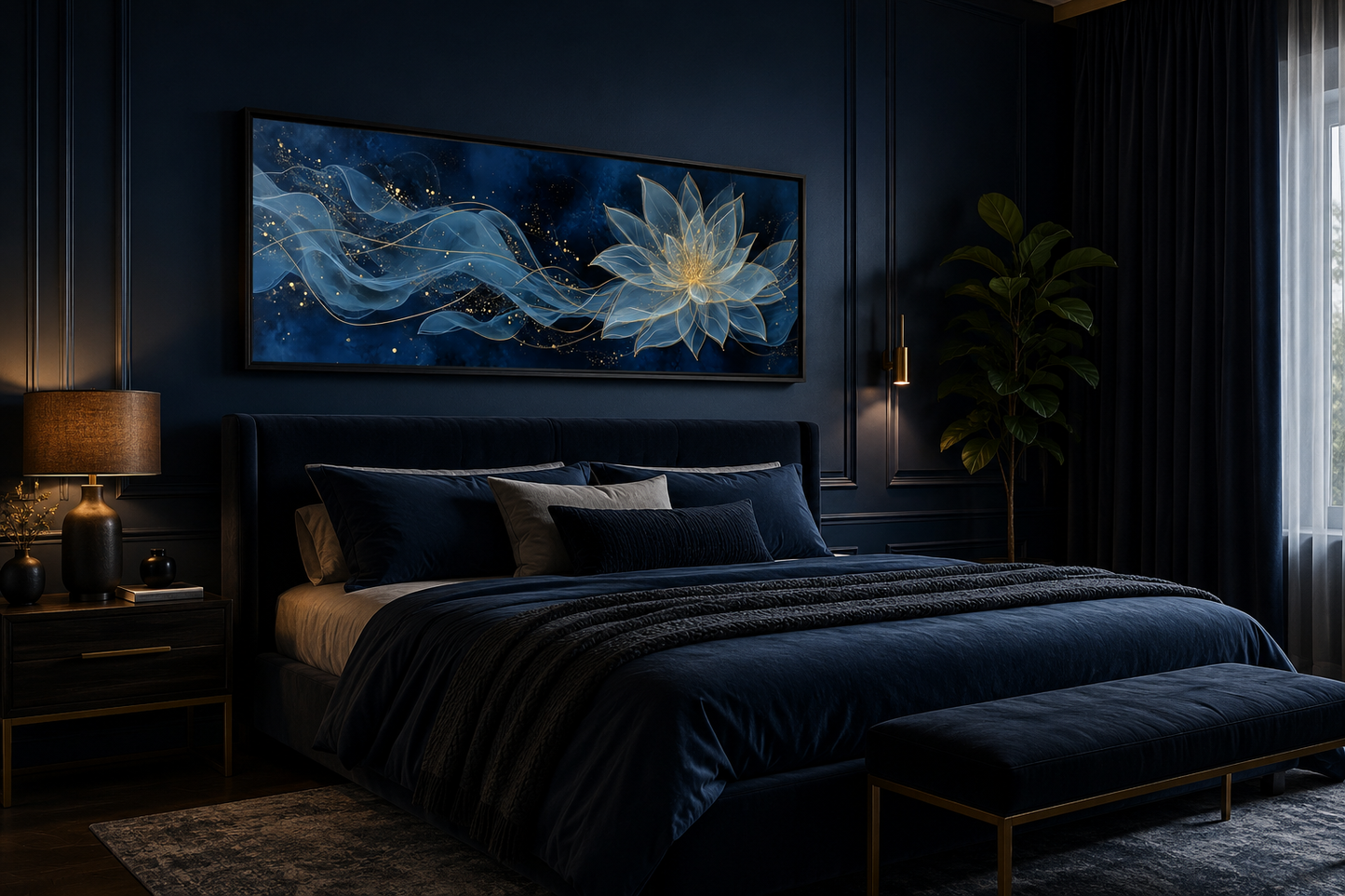 Navy Blue Gold Over Above Bed Minimalist Lotus Flower Canvas Wall Art