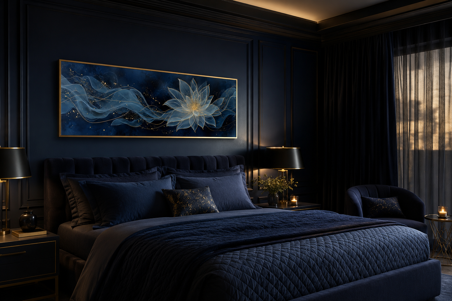 Navy Blue Gold Over Above Bed Minimalist Lotus Flower Canvas Wall Art