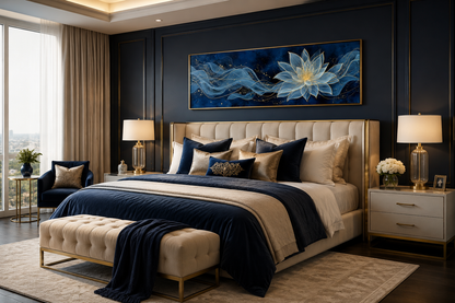 Navy Blue Gold Over Above Bed Minimalist Lotus Flower Canvas Wall Art