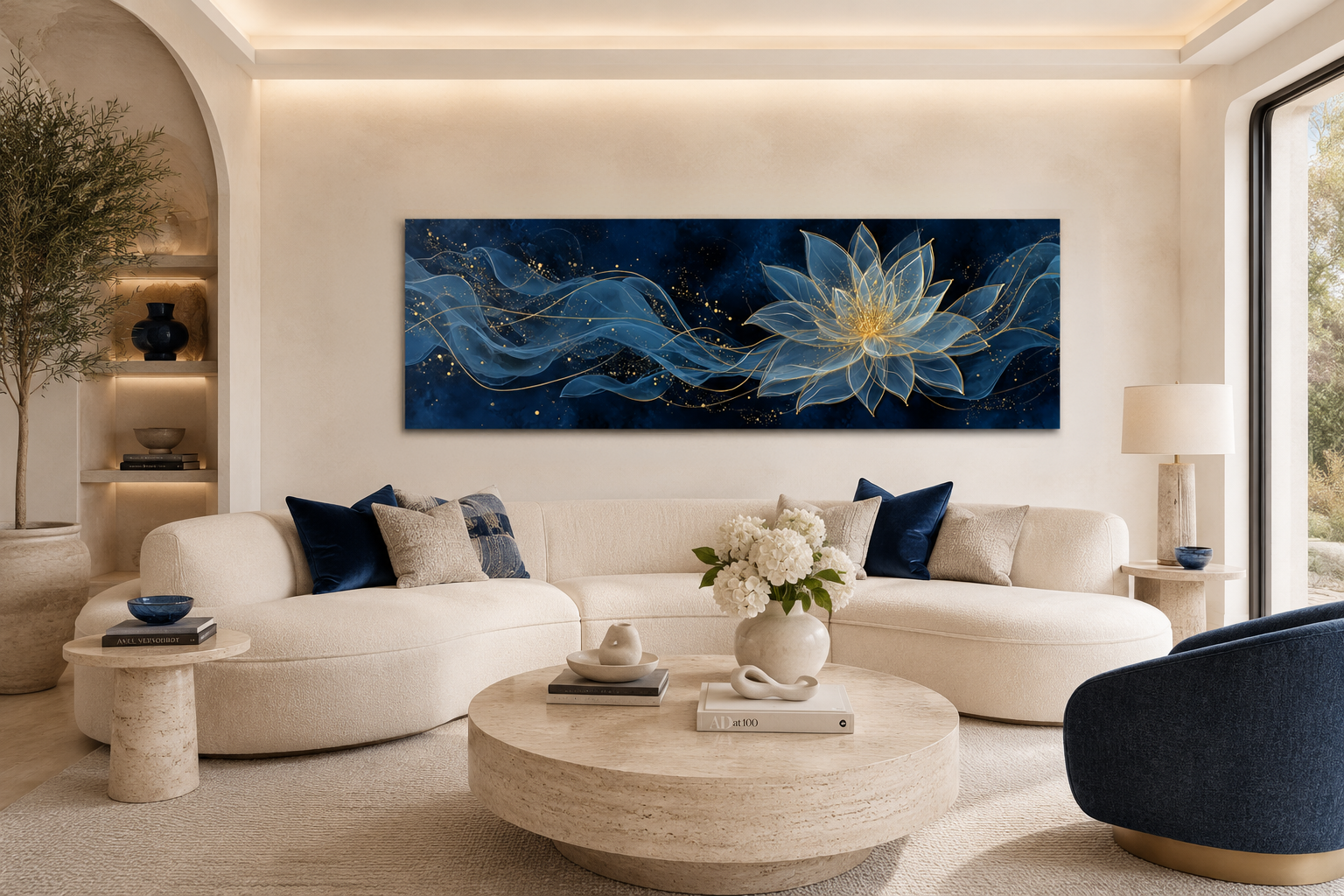 Navy Blue Gold Over Above Bed Minimalist Lotus Flower Canvas Wall Art