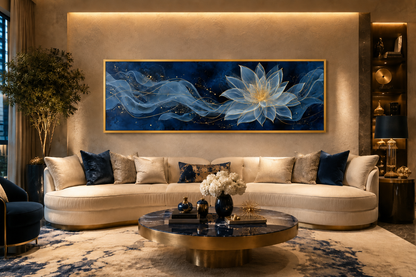 Navy Blue Gold Over Above Bed Minimalist Lotus Flower Canvas Wall Art