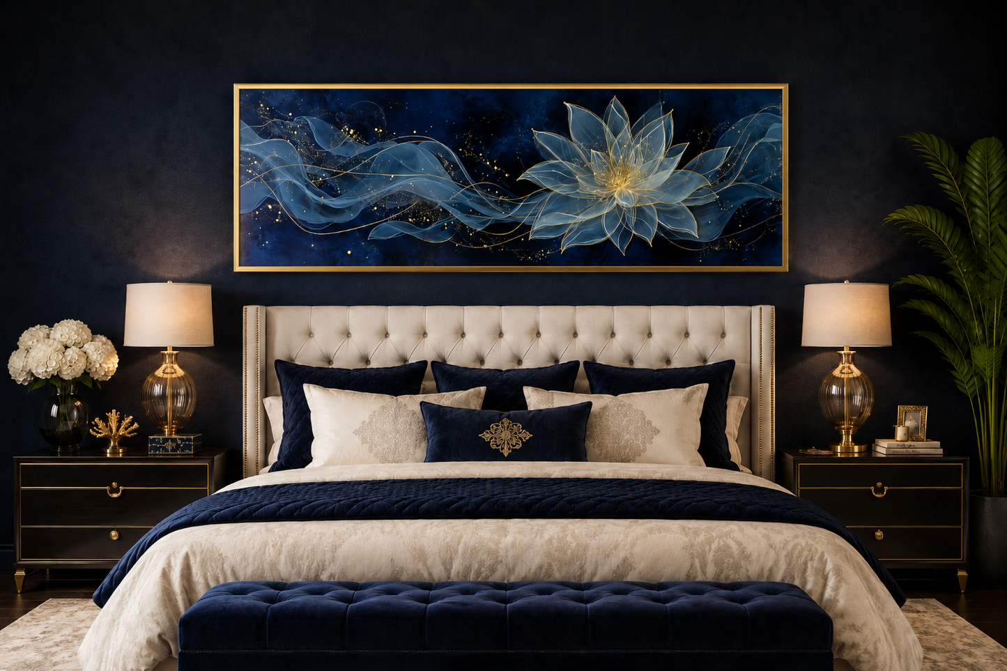 Navy Blue Gold Over Above Bed Minimalist Lotus Flower Canvas Wall Art
