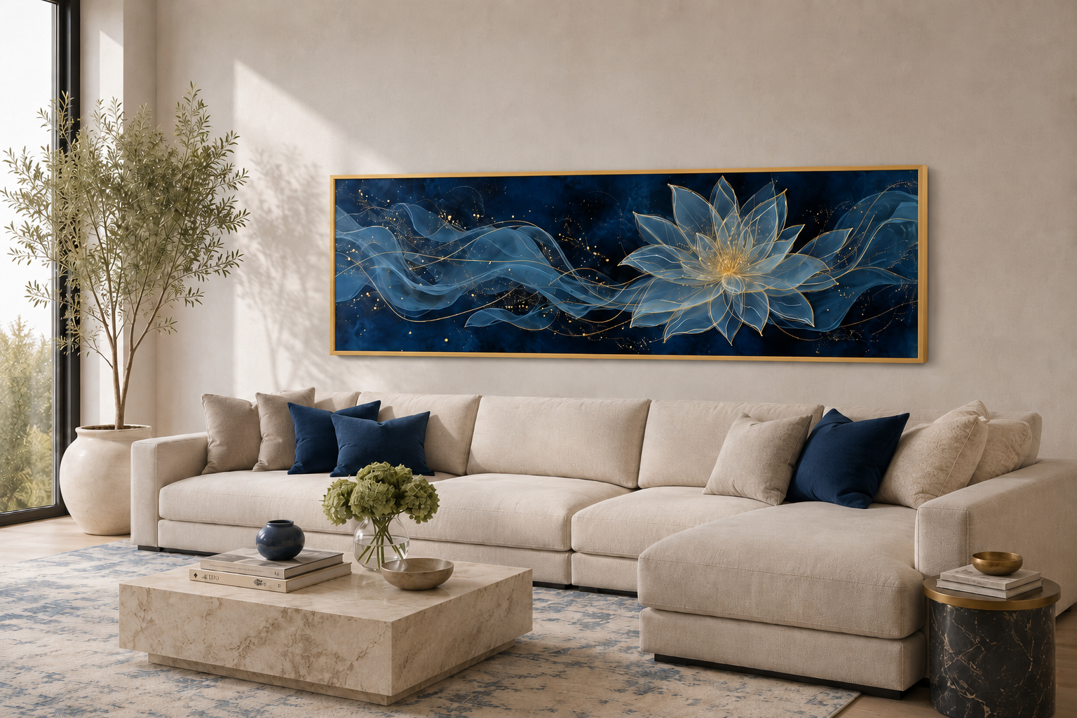 Navy Blue Gold Over Above Bed Minimalist Lotus Flower Canvas Wall Art
