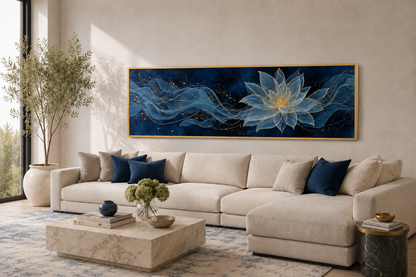 Navy Blue Gold Over Above Bed Minimalist Lotus Flower Canvas Wall Art