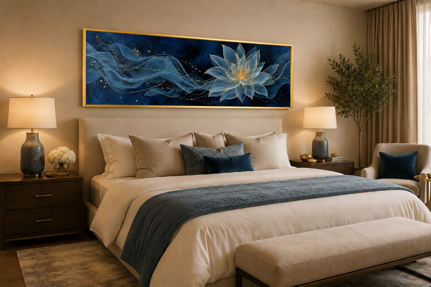 Navy Blue Gold Over Above Bed Minimalist Lotus Flower Canvas Wall Art