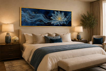 Navy Blue Gold Over Above Bed Minimalist Lotus Flower Canvas Wall Art