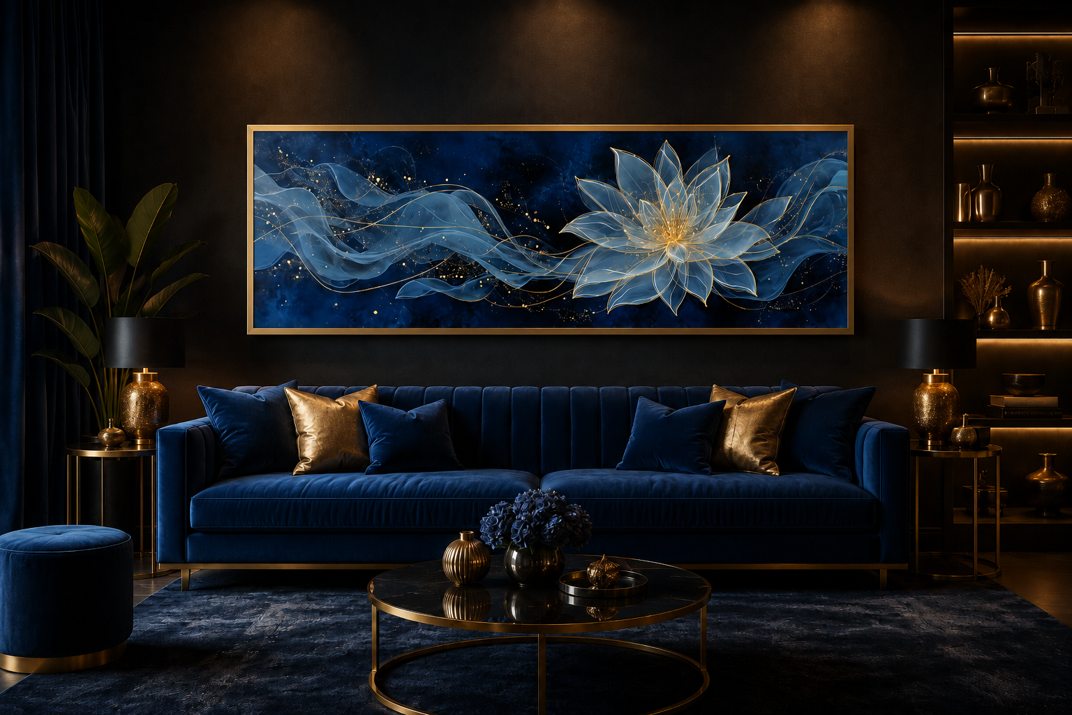Navy Blue Gold Over Above Bed Minimalist Lotus Flower Canvas Wall Art