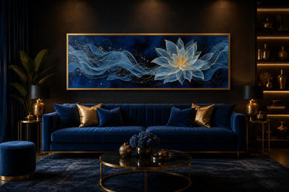 Navy Blue Gold Over Above Bed Minimalist Lotus Flower Canvas Wall Art