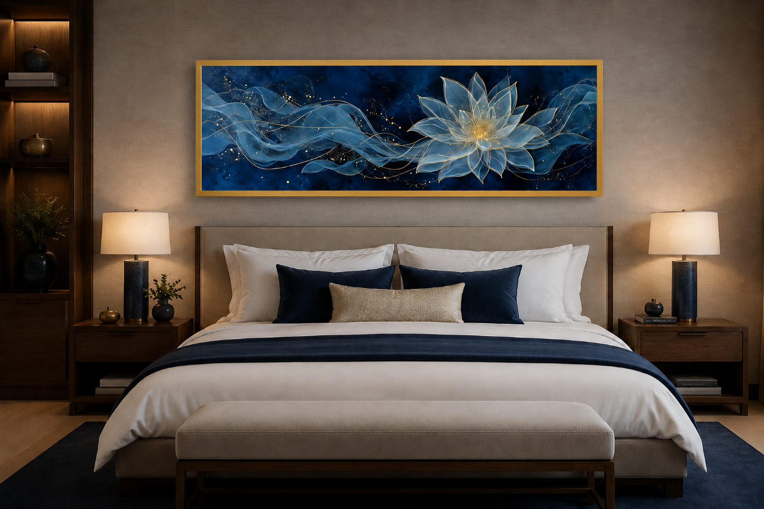 Navy Blue Gold Over Above Bed Minimalist Lotus Flower Canvas Wall Art
