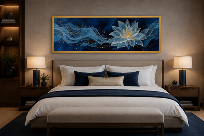 Navy Blue Gold Over Above Bed Minimalist Lotus Flower Canvas Wall Art