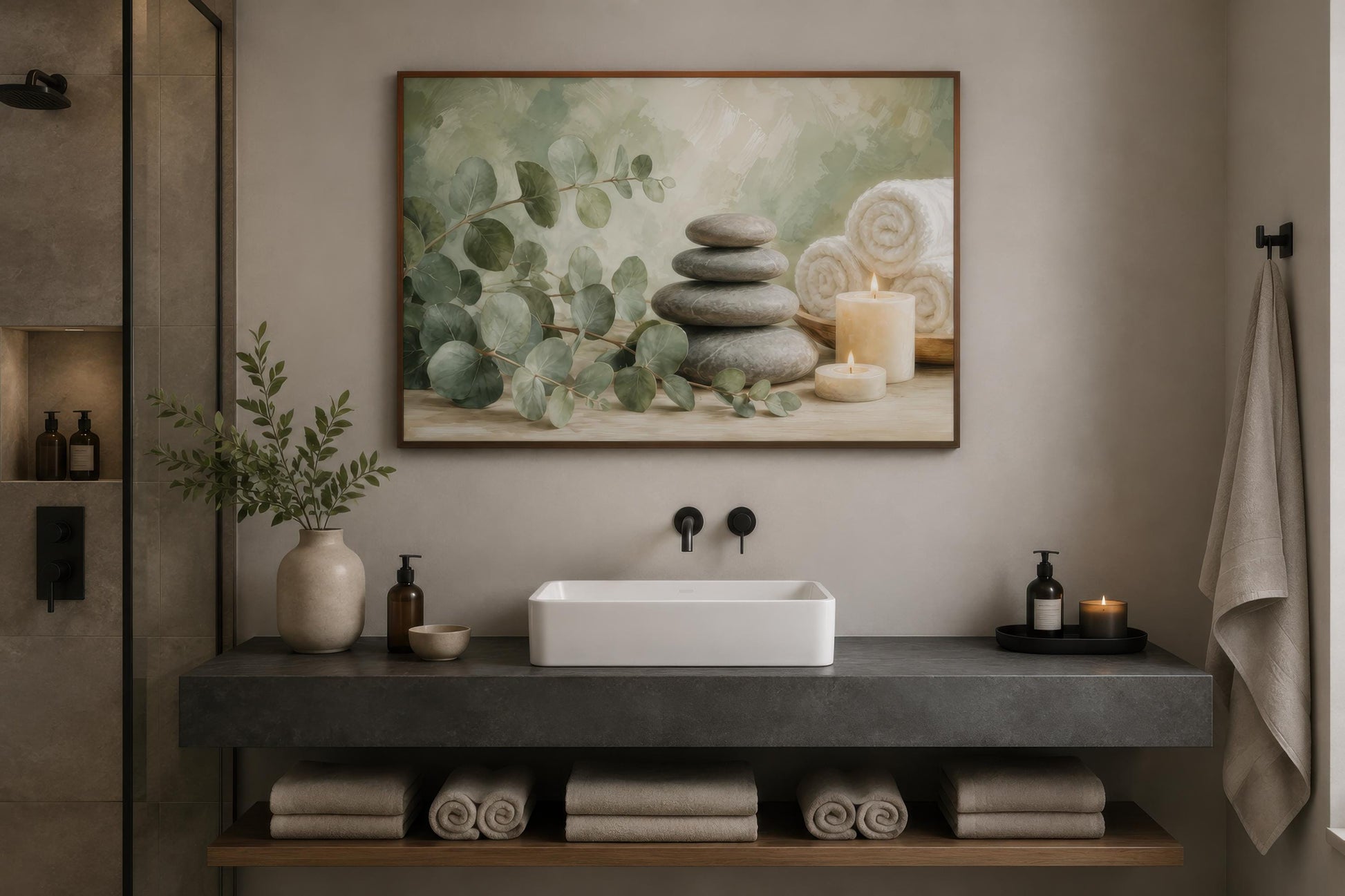 Eucalyptus Spa Wall Art - Sage Green Spa Decor | Bathroom Canvas Print, Zen Stone Painting