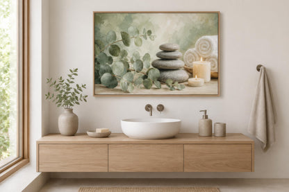 Eucalyptus Spa Wall Art - Sage Green Spa Decor | Bathroom Canvas Print, Zen Stone Painting