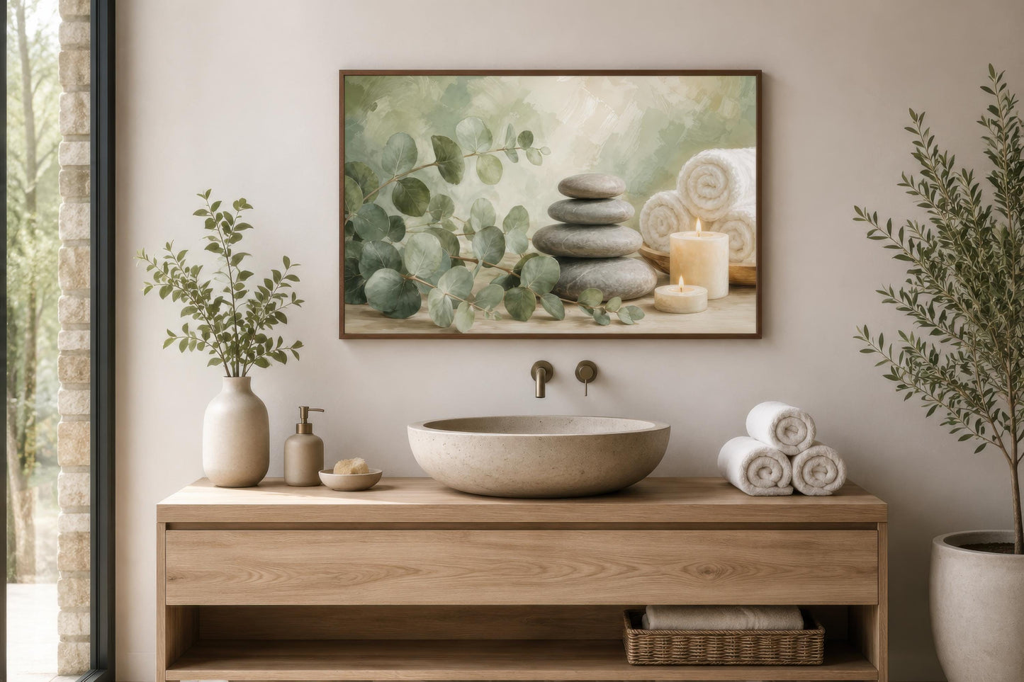 Eucalyptus Spa Wall Art - Sage Green Spa Decor | Bathroom Canvas Print, Zen Stone Painting