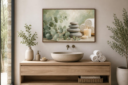 Eucalyptus Spa Wall Art - Sage Green Spa Decor | Bathroom Canvas Print, Zen Stone Painting