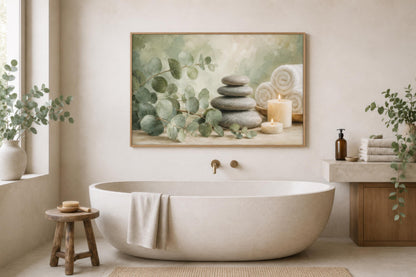 Eucalyptus Spa Wall Art - Sage Green Spa Decor | Bathroom Canvas Print, Zen Stone Painting