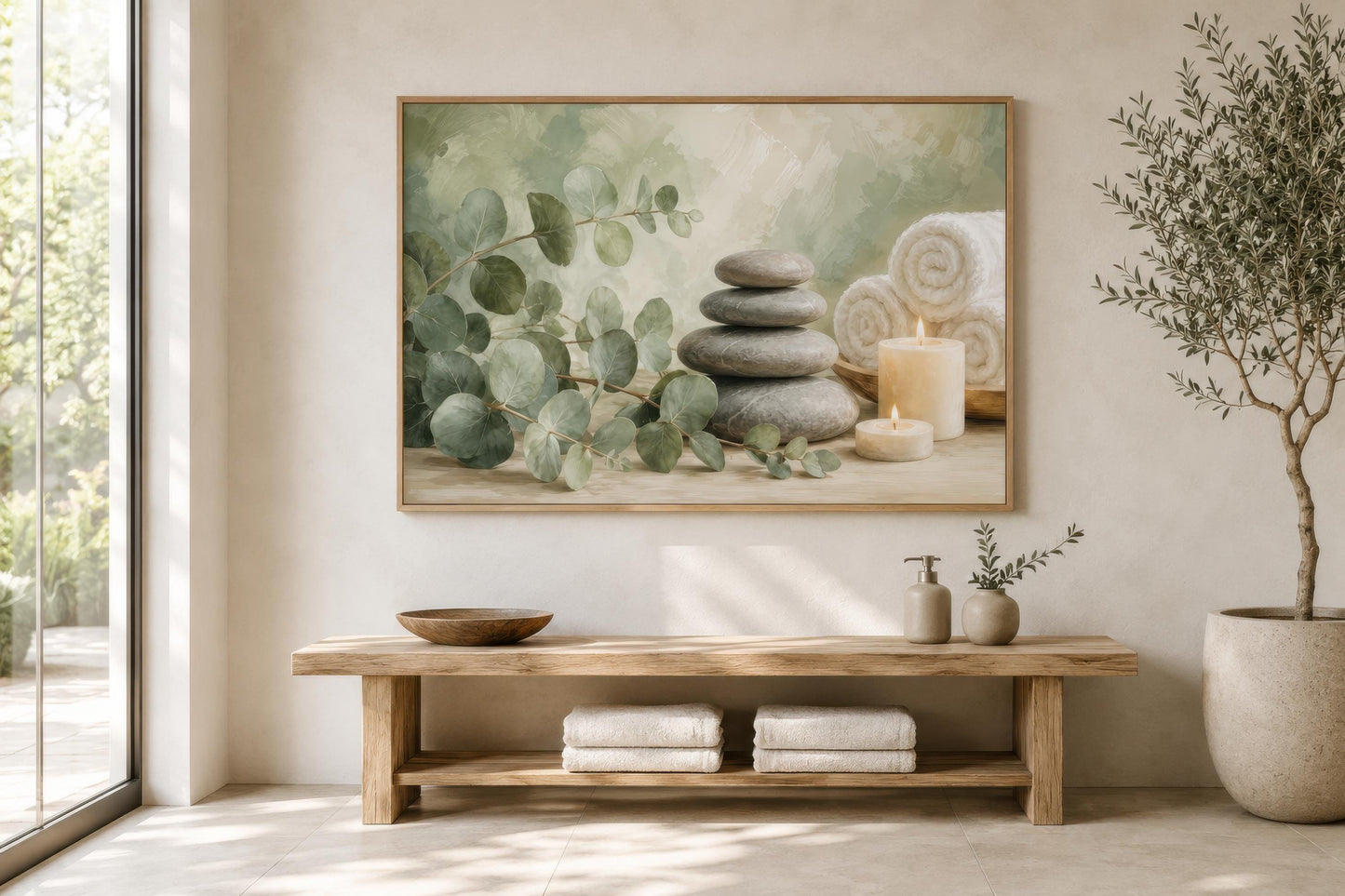 Eucalyptus Spa Wall Art - Sage Green Spa Decor | Bathroom Canvas Print, Zen Stone Painting