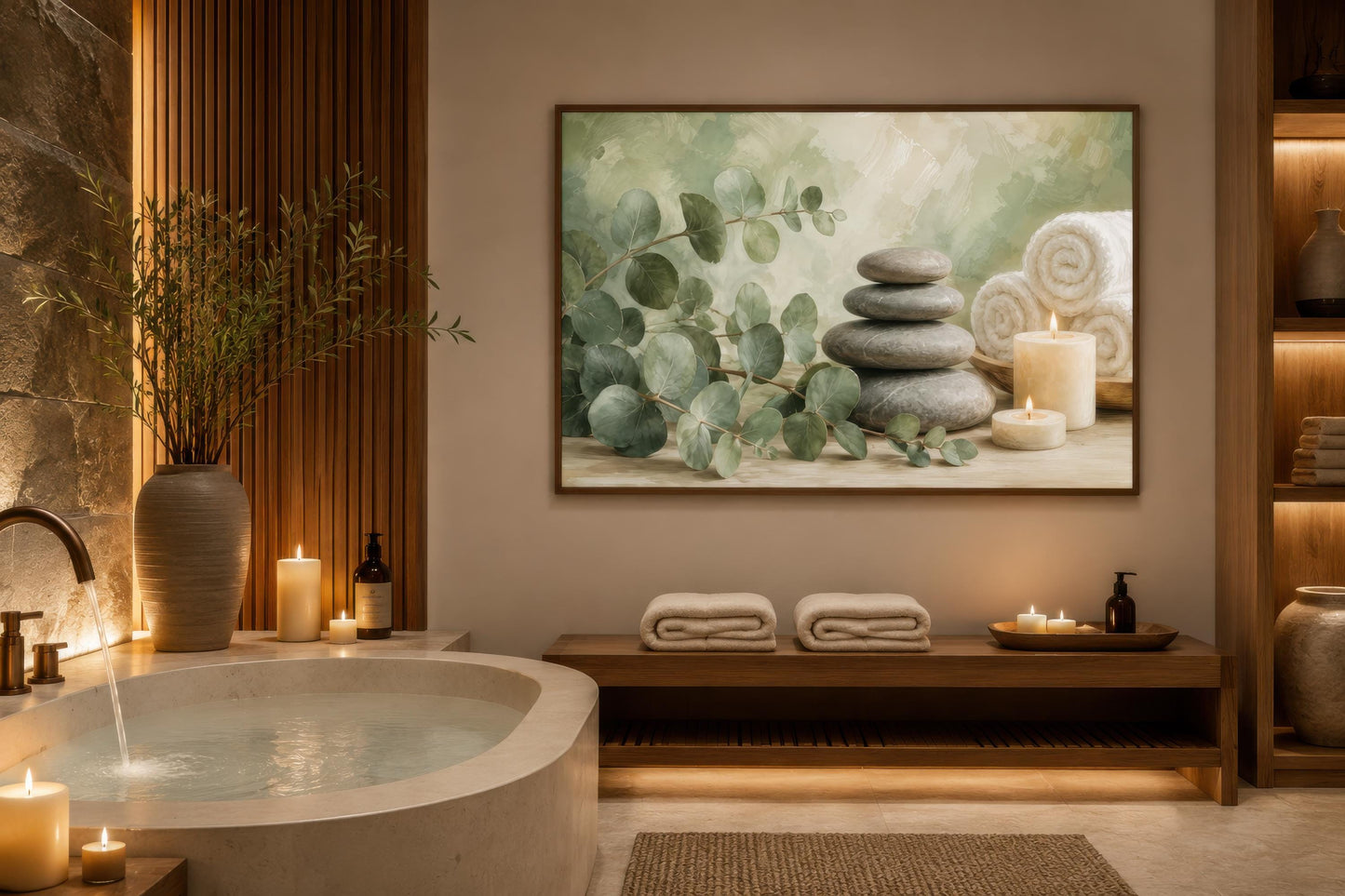 Eucalyptus Spa Wall Art - Sage Green Spa Decor | Bathroom Canvas Print, Zen Stone Painting